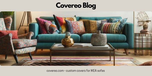 Colourful sofa with a lot of pillows