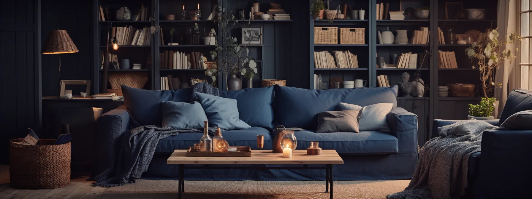Living room with blue IKEA sofa in cover made by covereo