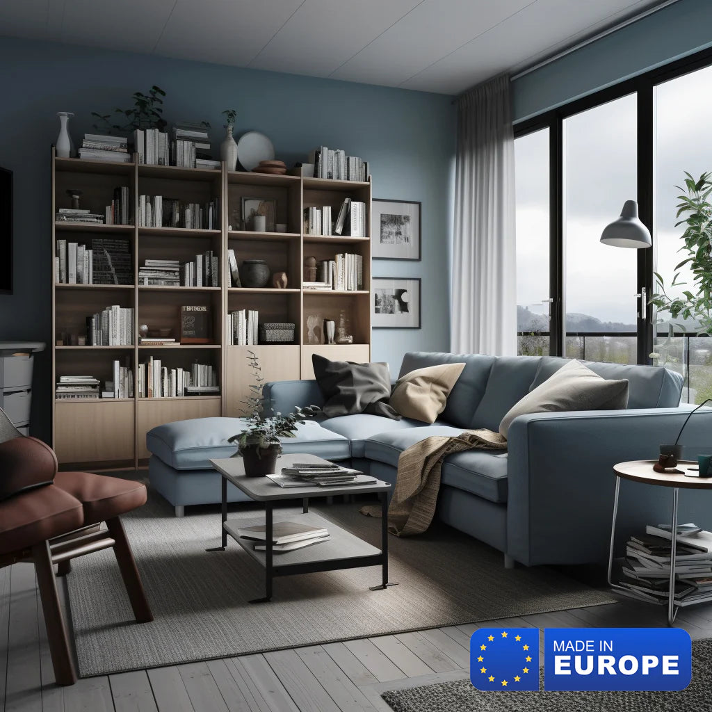 living room with blue sofa