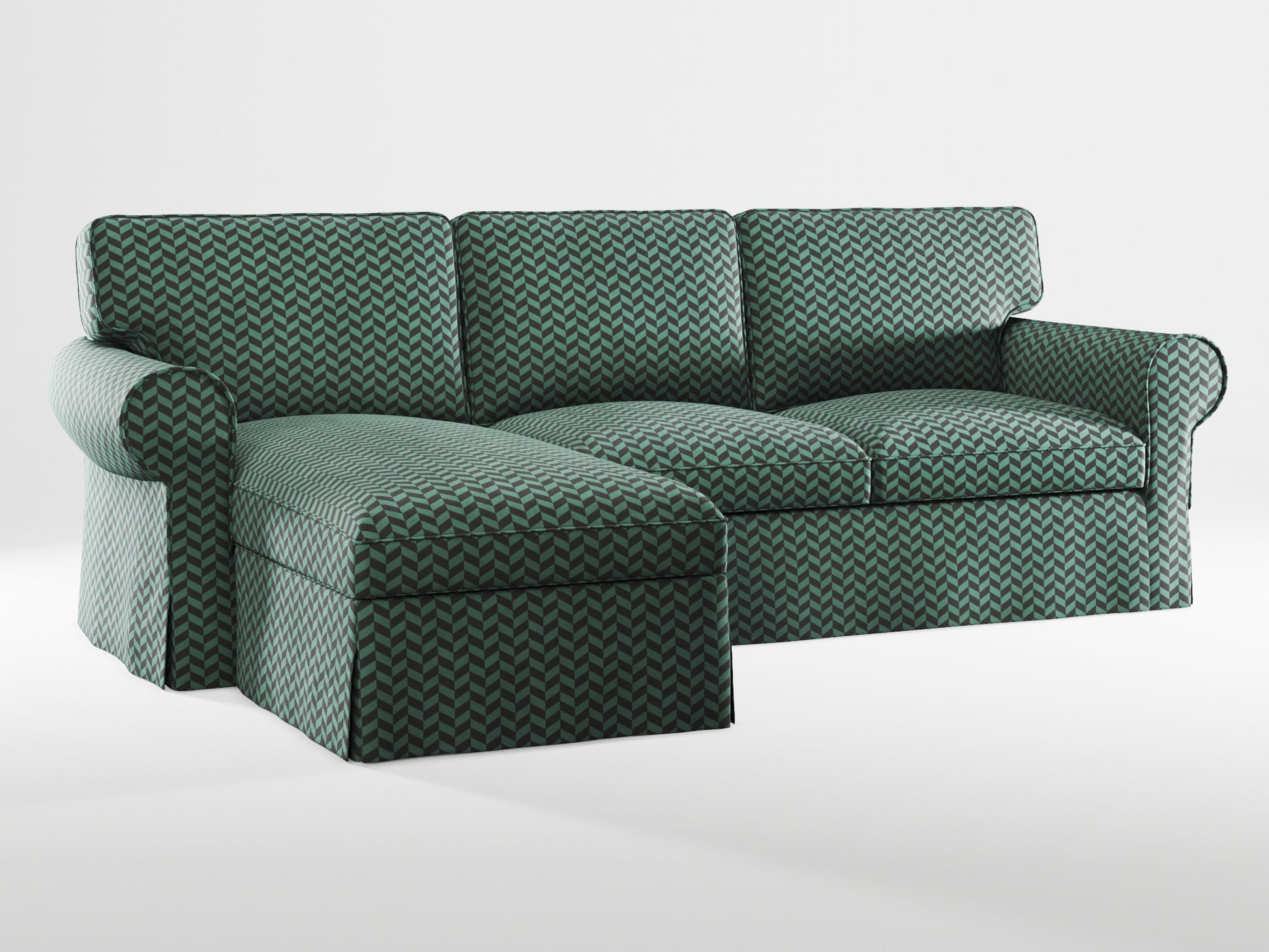 Ikea EKTORP 3-seat sofa with chaise longue cover (left/right) made by Covereo in upholstery named HERRINGBONE Green