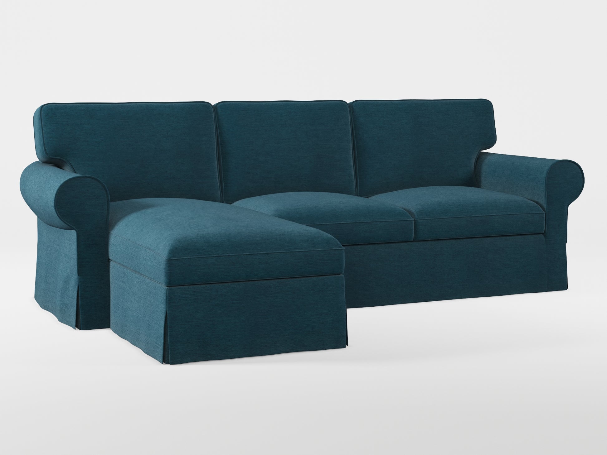 Ikea EKTORP 3-seat sofa with chaise longue cover (left/right) made by Covereo in upholstery named PECADLY Ocean Blue