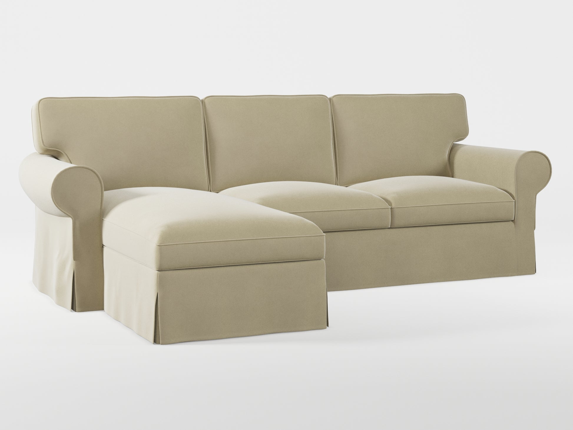 Ikea EKTORP 3-seat sofa with chaise longue cover (left/right) made by Covereo in upholstery named VELVET Ashen Beige