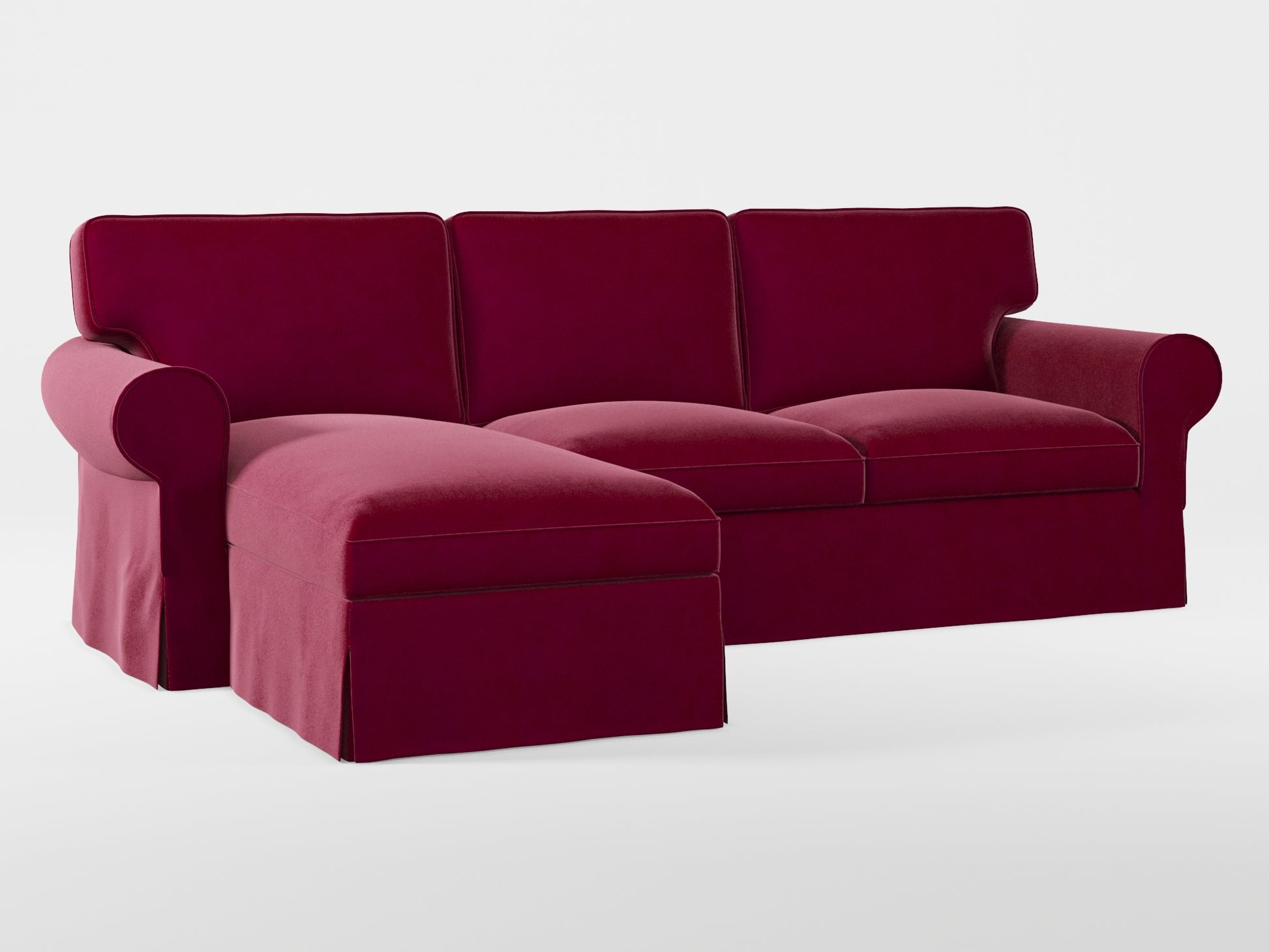 Ikea EKTORP 3-seat sofa with chaise longue cover (left/right) made by Covereo in upholstery named VELVET Beetroot Cocktail