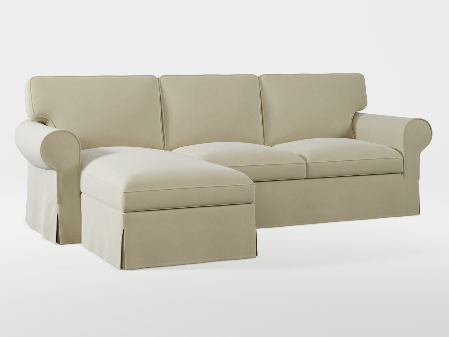 Ikea EKTORP 3-seat sofa with chaise longue cover (left/right) made by Covereo in upholstery named VELVET Pearl Cream