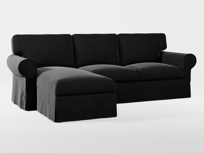 Ikea EKTORP 3-seat sofa with chaise longue cover (left/right) made by Covereo in upholstery named VELVET Shiny Black