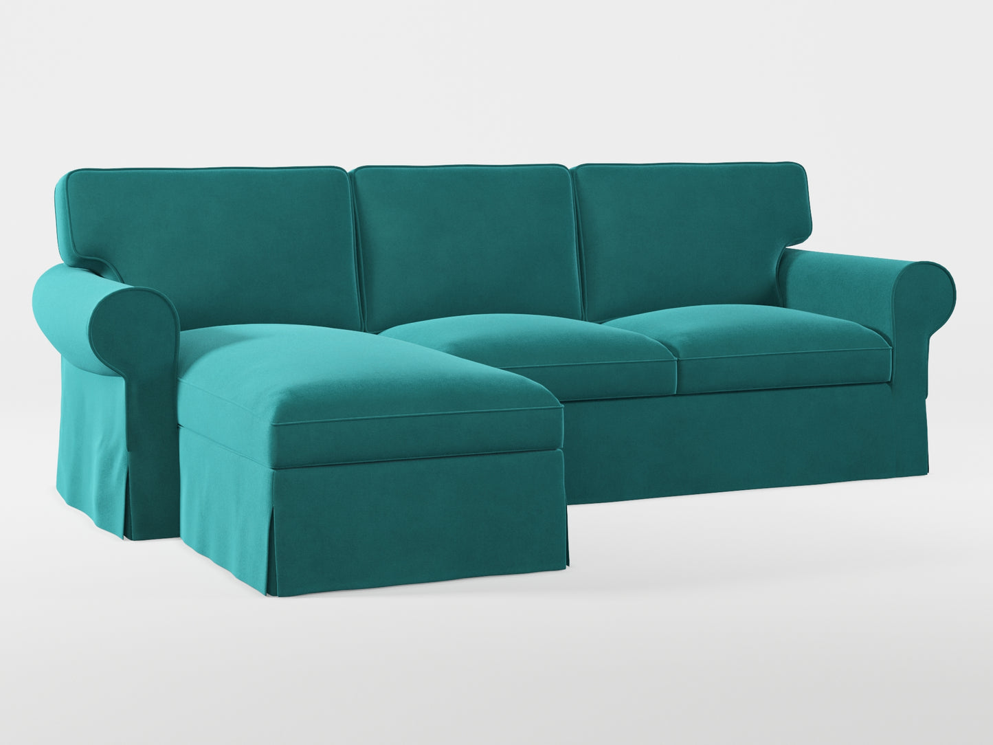 Ikea EKTORP 3-seat sofa with chaise longue cover (left/right) made by Covereo in upholstery named VELVET Turquoise Twist