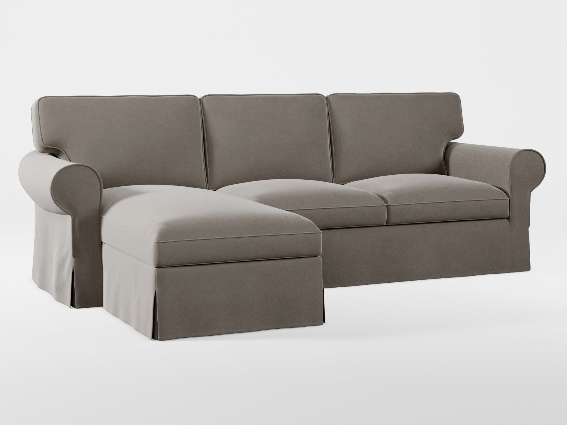 Ikea EKTORP 3-seat sofa with chaise longue cover (left/right) made by Covereo in upholstery named VELVET Warm Grey