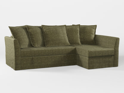 Ikea HOLMSUND Corner sofa-bed cover (with 5 pillows covers) made by Covereo in upholstery named COSY Deep Forest