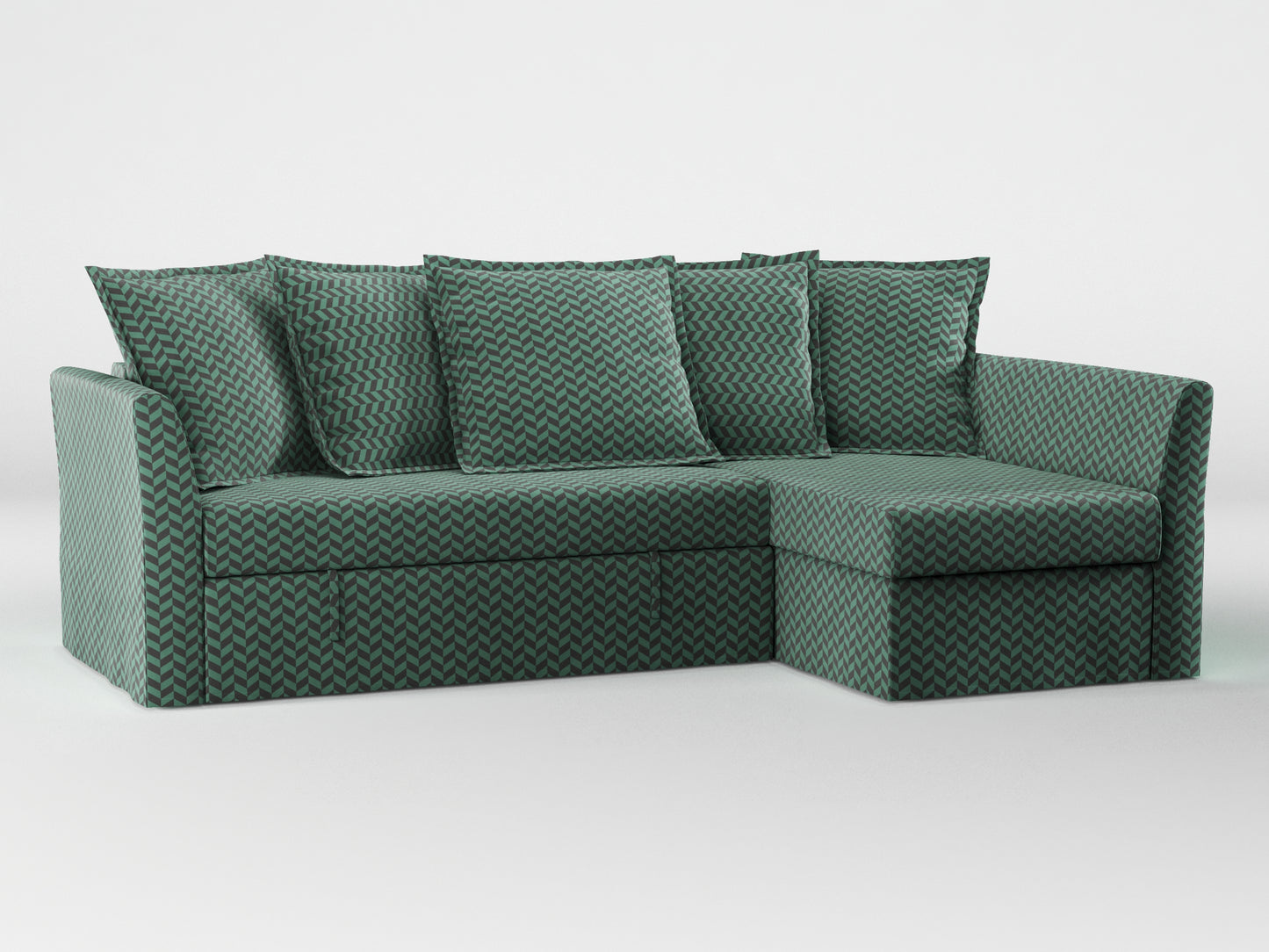 Ikea HOLMSUND Corner sofa-bed cover (with 5 pillows covers) made by Covereo in upholstery named HERRINGBONE Green