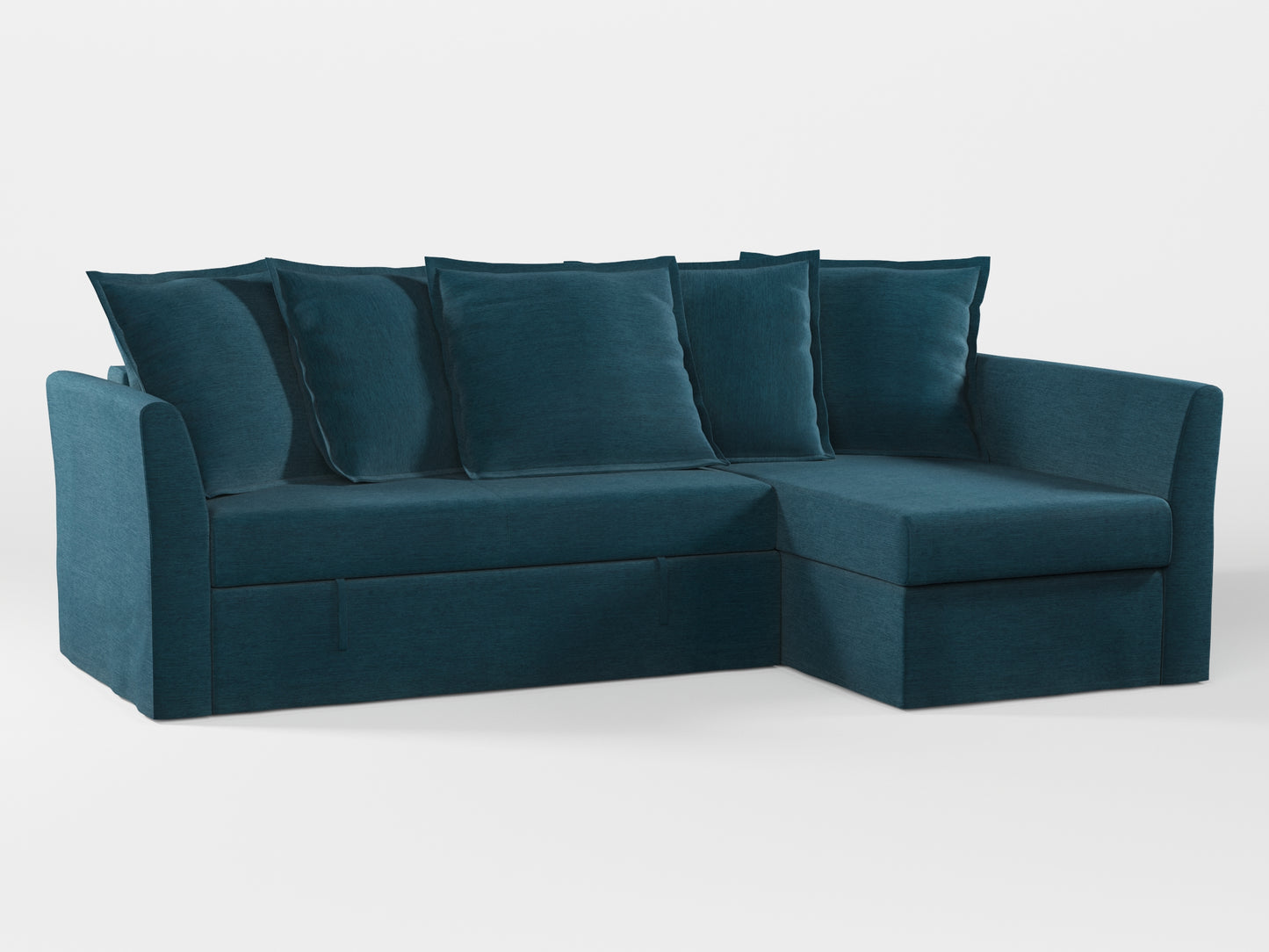 Ikea HOLMSUND Corner sofa-bed cover (with 5 pillows covers) made by Covereo in upholstery named PECADLY Ocean Blue