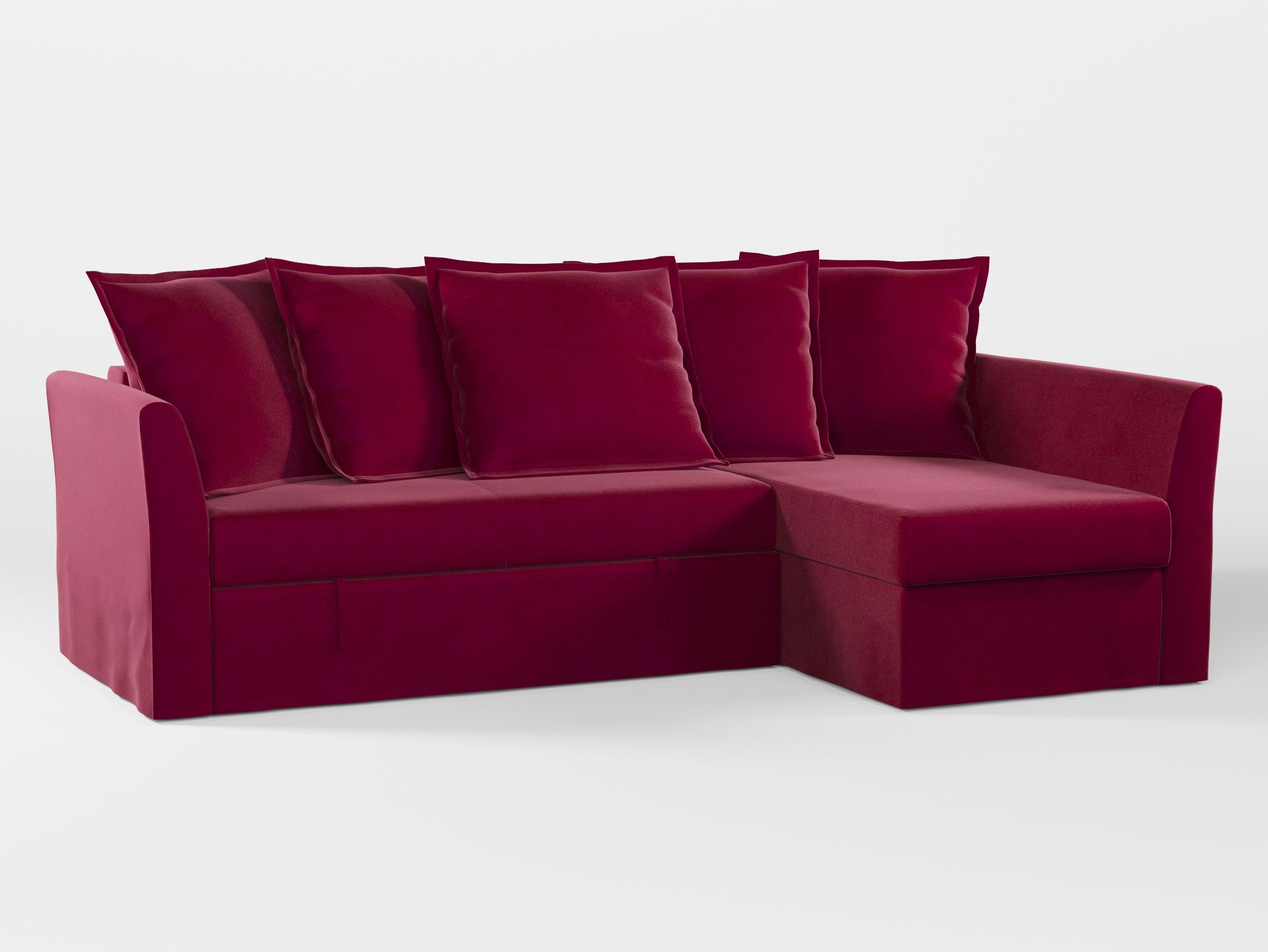 Ikea HOLMSUND Corner sofa-bed cover (with 5 pillows covers) made by Covereo in upholstery named VELVET Beetroot Cocktail