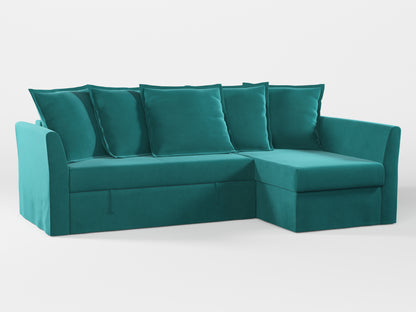 Ikea HOLMSUND Corner sofa-bed cover (with 5 pillows covers) made by Covereo in upholstery named VELVET Turquoise Twist