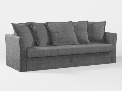 Ikea HOLMSUND Three-seat sofa-bed cover (with 5 pillows covers) made by Covereo in upholstery named COSY Grey Shadow