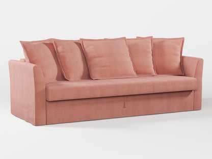 Ikea HOLMSUND Three-seat sofa-bed cover (with 5 pillows covers) made by Covereo in upholstery named OMON Powder Rose