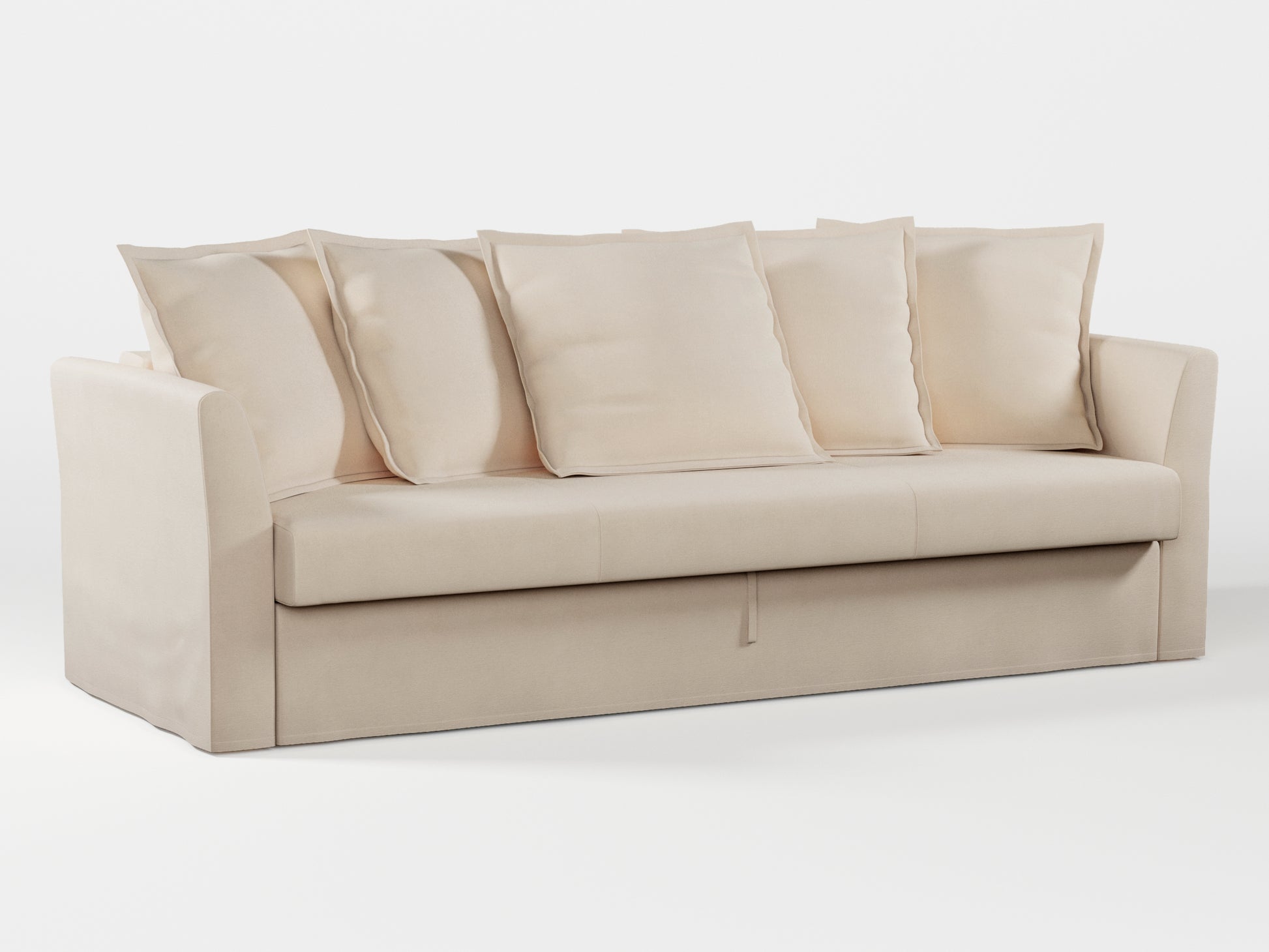 Ikea HOLMSUND Three-seat sofa-bed cover (with 5 pillows covers) made by Covereo in upholstery named OMON Vintage Beige