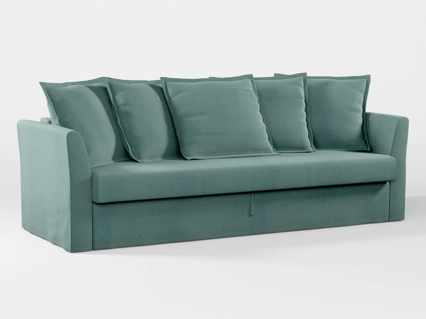 Ikea HOLMSUND Three-seat sofa-bed cover (with 5 pillows covers) made by Covereo in upholstery named PECADLY Misty Blue