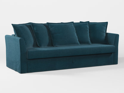 Ikea HOLMSUND Three-seat sofa-bed cover (with 5 pillows covers) made by Covereo in upholstery named PECADLY Ocean Blue