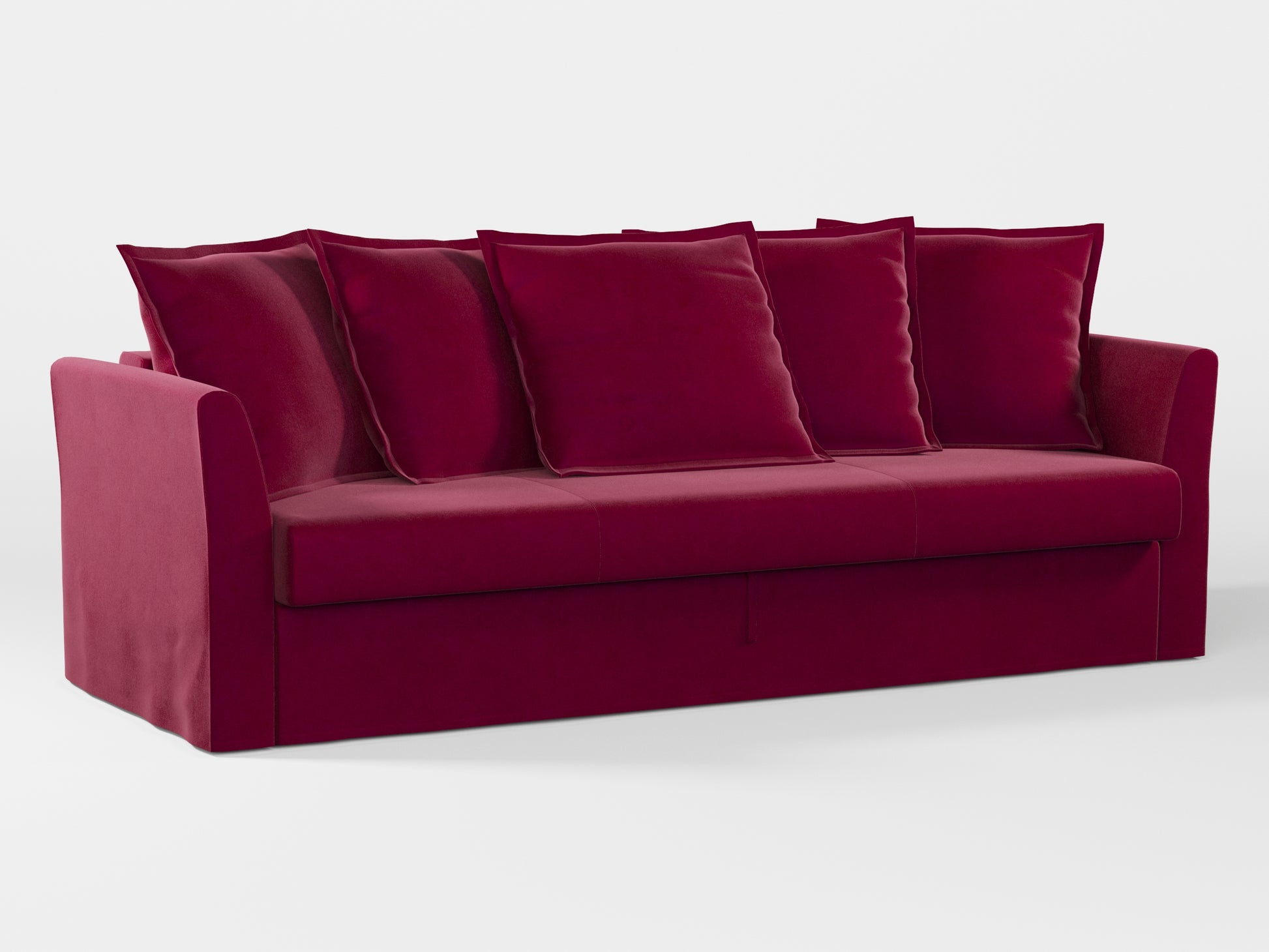 Ikea HOLMSUND Three-seat sofa-bed cover (with 5 pillows covers) made by Covereo in upholstery named VELVET Beetroot Cocktail