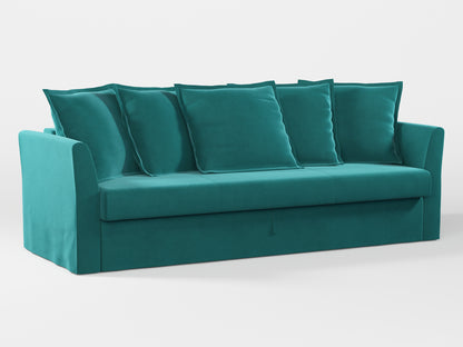 Ikea HOLMSUND Three-seat sofa-bed cover (with 5 pillows covers) made by Covereo in upholstery named VELVET Turquoise Twist