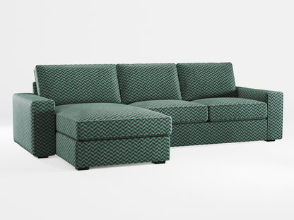 Ikea KIVIK 3-seat sofa, with chaise longue cover (left/right) made by Covereo in upholstery named HERRINGBONE Green