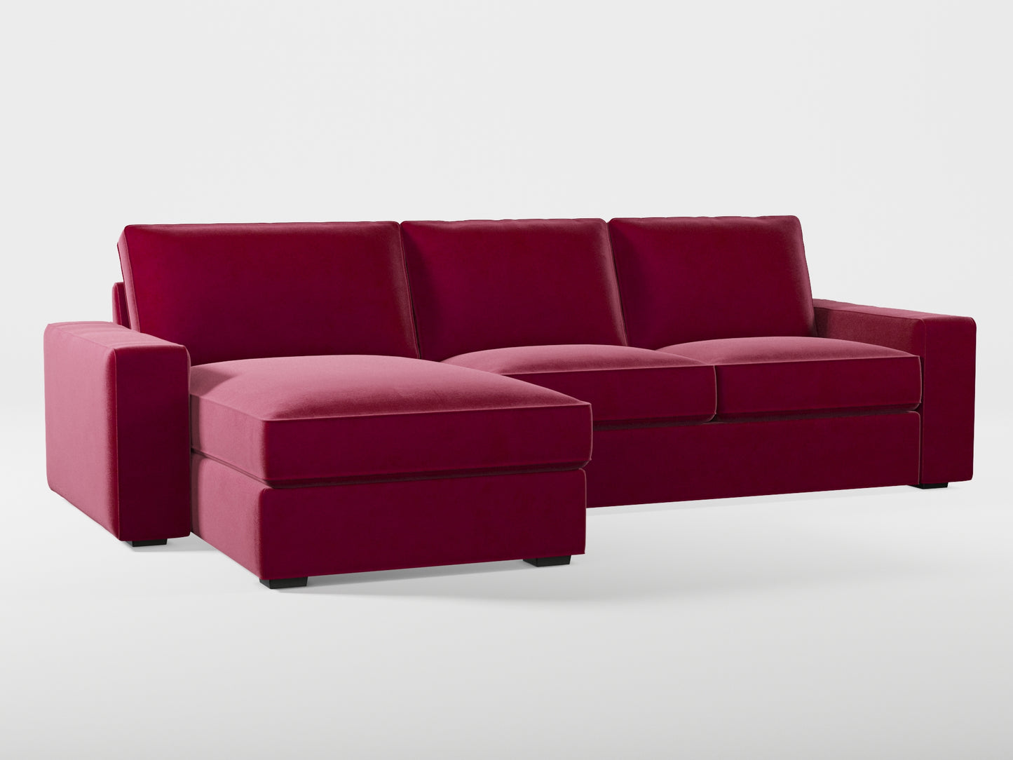 Ikea KIVIK 3-seat sofa, with chaise longue cover (left/right) made by Covereo in upholstery named VELVET Beetroot Cocktail